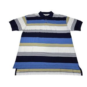 Preppy Field Gear Striped Polo Shirt Blue White Yellow Drop-Tail Men's L Relaxed